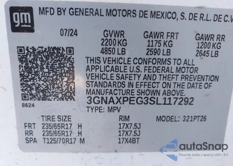 2025 Chevrolet Equinox Awd Lt из США, поврежденный, VIN 3GNAXPEG3SL117292